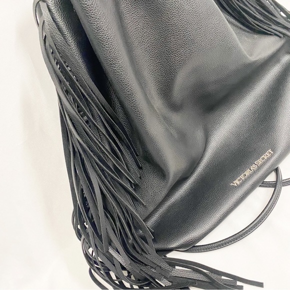 Victoria’s Secret Black Fringe Bohemian Festival Backpack Bucket Drawstring Bag - Picture 3 of 8